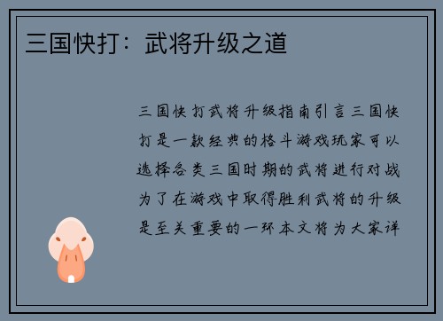 三国快打：武将升级之道