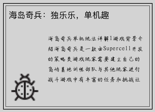 海岛奇兵：独乐乐，单机趣