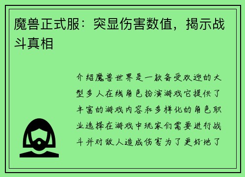 魔兽正式服：突显伤害数值，揭示战斗真相
