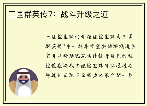 三国群英传7：战斗升级之道