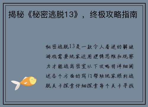 揭秘《秘密逃脱13》，终极攻略指南