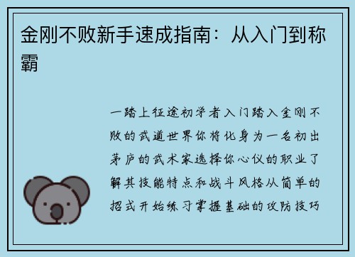 金刚不败新手速成指南：从入门到称霸